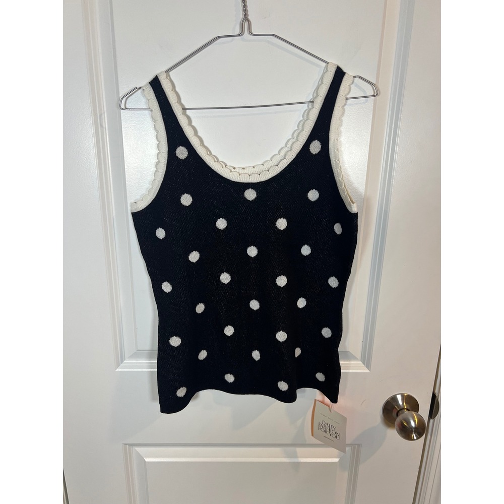 Tankaneo Womens Knit Tank Top Scalloped Trim Polka Dot Black NWT